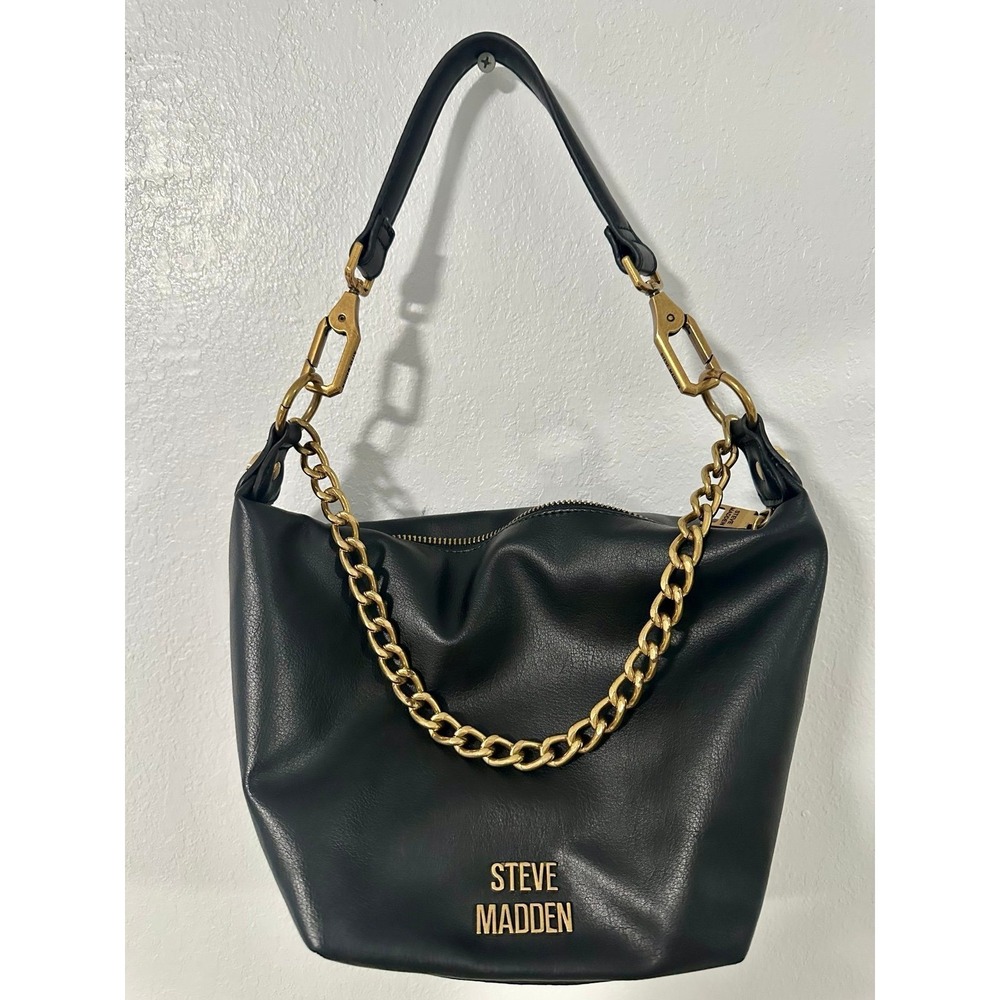 Steve‎ Madden Black Faux Leather Shoulder Bag Gold Chain Accent